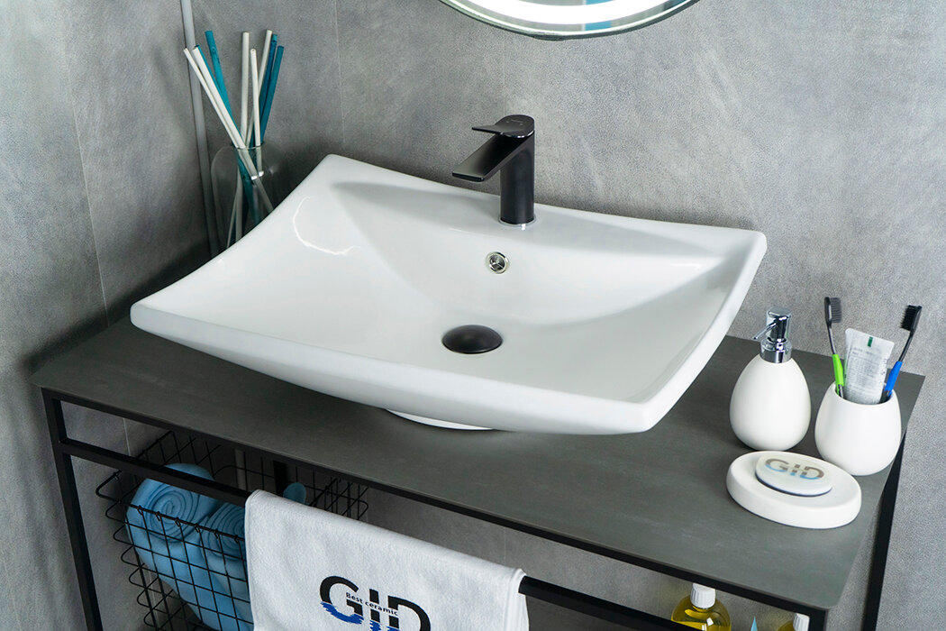 фото Комплект 3 предмета: Керамическая накладная раковина для ванной Gid N9111 с сифоном А-3202 и донным клапаном хром H6716