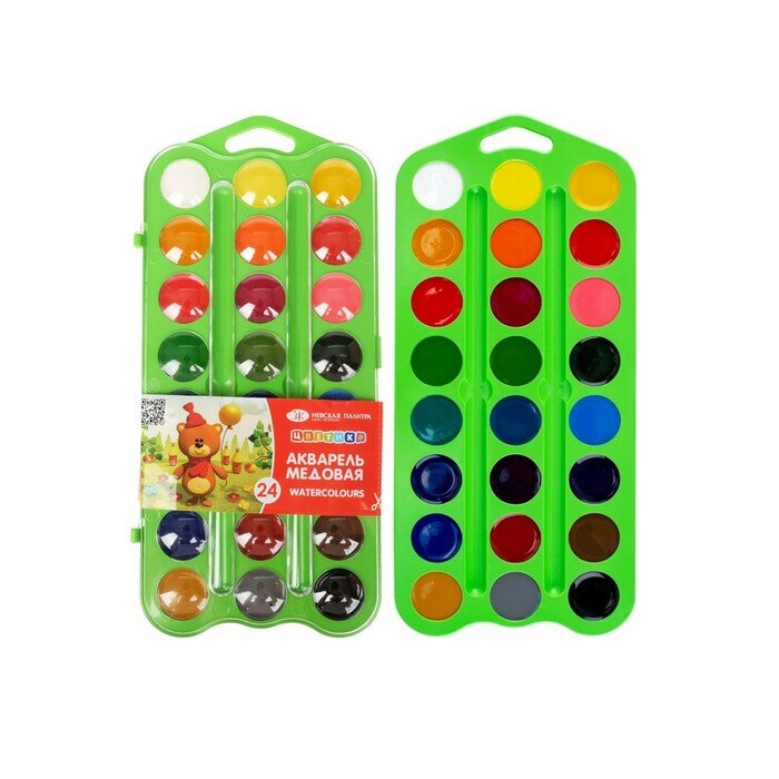 фото Акварель медовая 24 цвета, ЗХК "Цветик", без кисти, зеленый пластиковый футляр, 27421677