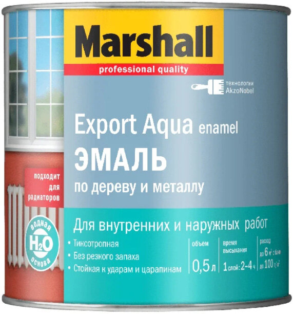 Маршалл Экспорт Аква эмаль на водной основе белая полуматовая (500мл) / MARSHALL Export Aqua enamel эмаль по дереву и металлу белая полуматовая (0,5л)