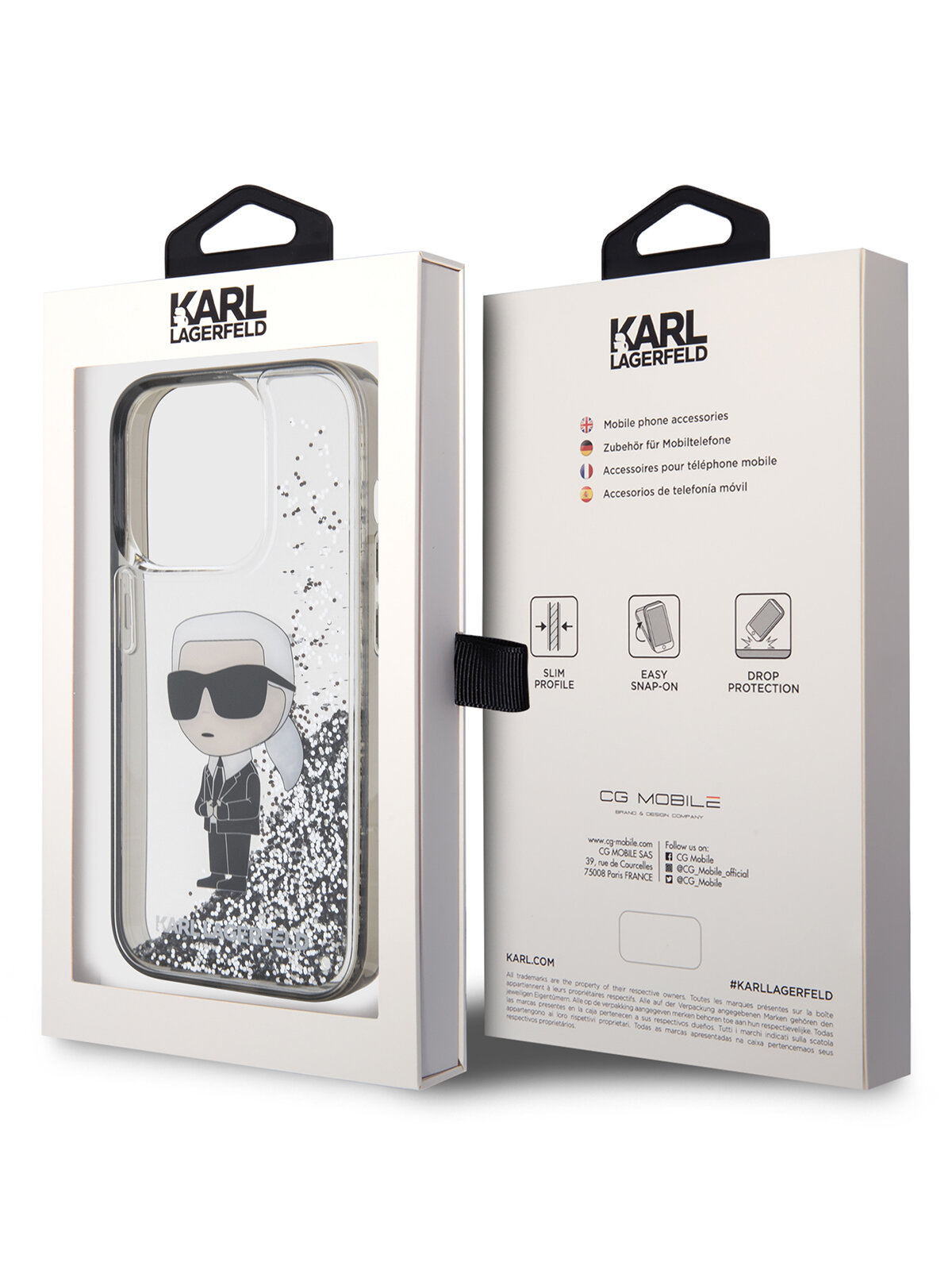 Lagerfeld для iPhone 15 Pro Max чехол Liquid Glitter NFT Karl Ikonik Hard Transparent/Black