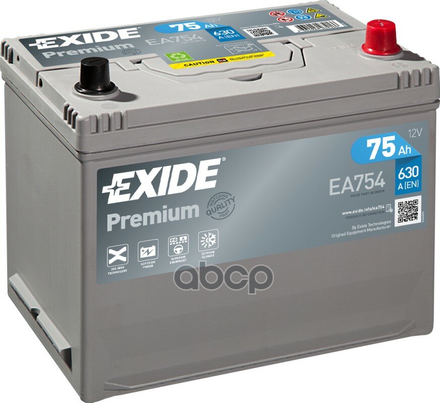 Exide Ea754 Premium_аккумуляторная Батарея 19.5/17.9 Евро 75ah 630a 270/173/222 Carbon Boost EXIDE арт. EA754