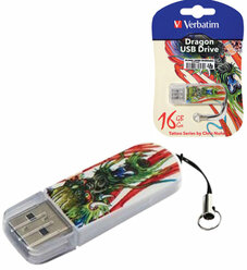 Флеш-диск 16 GB, комплект 3 шт., VERBATIM Mini Tattoo Edition Dragon, USB 2.0, белый с рисунком, 49888