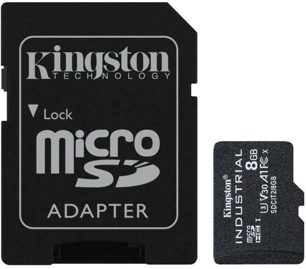 Промышленная карта памяти microSDHC Kingston, 8 Гб Class 10 UHS-I U3 V30 A1 TLC в режиме pSLC, темп. режим от -40? до +85?, с адаптером