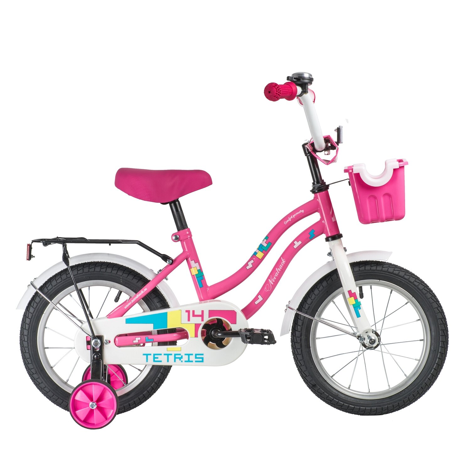 NOVATRACK TETRIS 14" (2020) (Велосипед NOVATRACK 14" TETRIS розовый, тормоз нож, крылья цвет, багажник, корзина, полная защ.цепи)