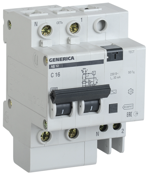 Выключатель автоматический дифференциальный АД12 2п 25А C 25А тип AC (3,4 мод) GENERICA | код. MAD15-2-025-C-030 | IEK ( 1шт. )