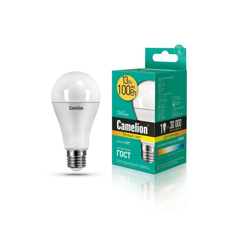 Лампа светодиодная LED13-A60/830/E27 13Вт грушевидная 3000К тепл. бел. E27 1045лм 220-240В Camelion 12045 ( 1шт. )