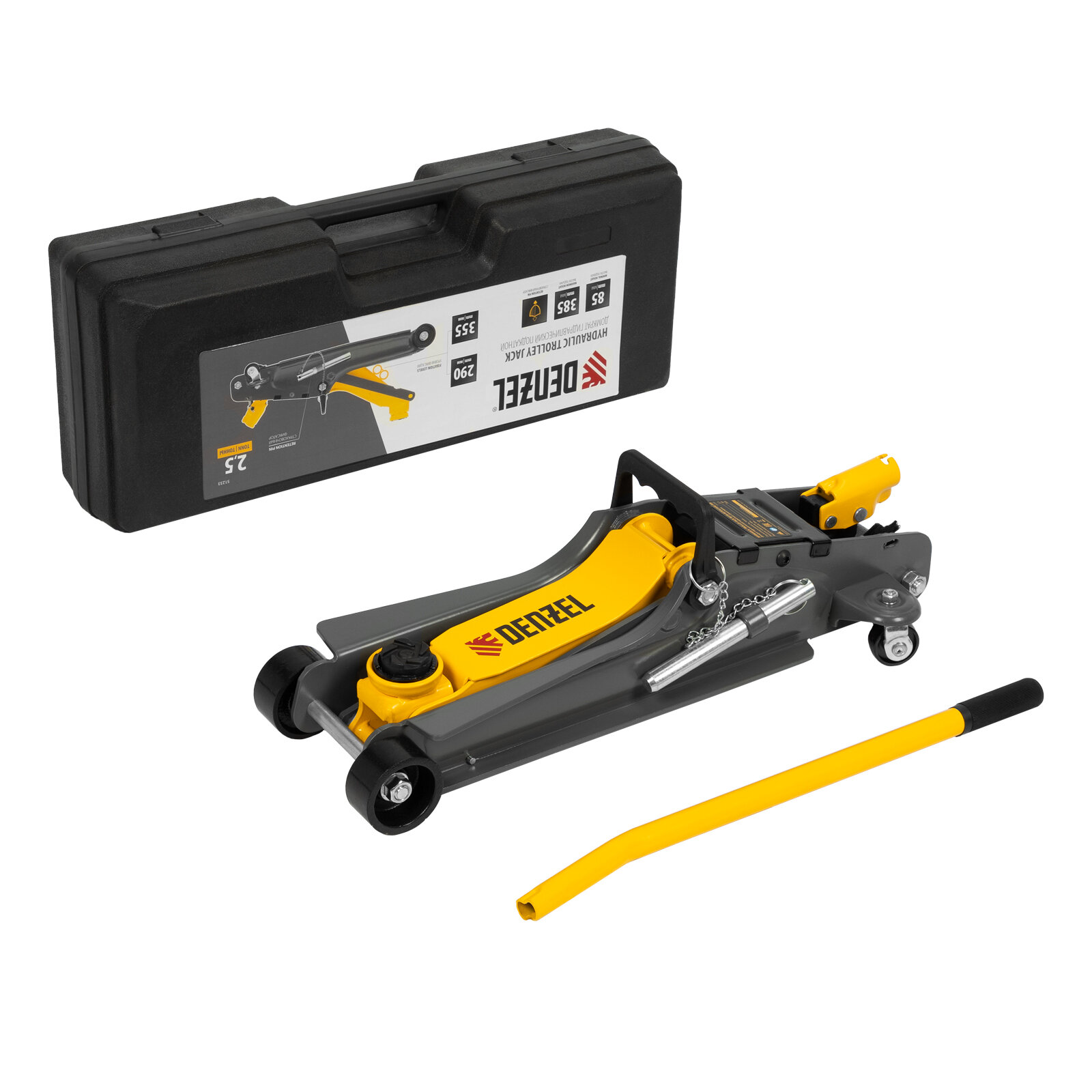фото Домкрат гидравлический подкатной с фиксатором, 2,5 т, 85-385 мм, в пласт. кейсе Denzel 51233