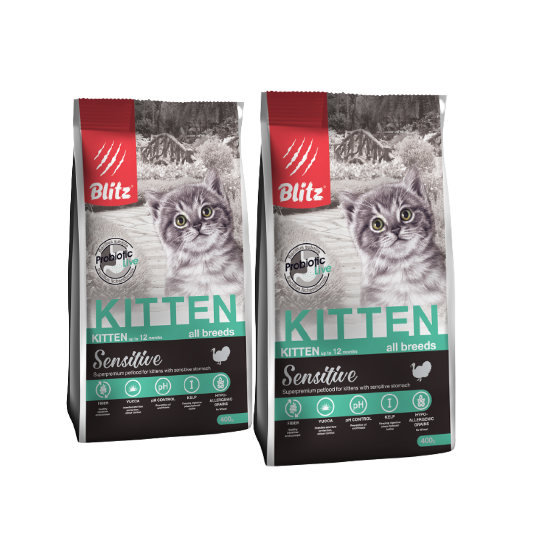 Сухой корм для котят, беременных и кормящих кошек Blitz Sensitive при чувствительном пищеварении, с индейкой /набор 2шт по 0,4кг