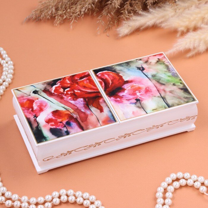 фото Шкатулка "Маки", белая, 20,6 х 10,2 х 5 см, двойная, лаковая миниатюра