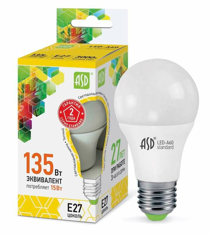 Лампа светодиодная LED-A60-standard 15Вт грушевидная 3000К тепл. бел. E27 1350лм 160-260В ASD 4690612002088 ( 1шт. )