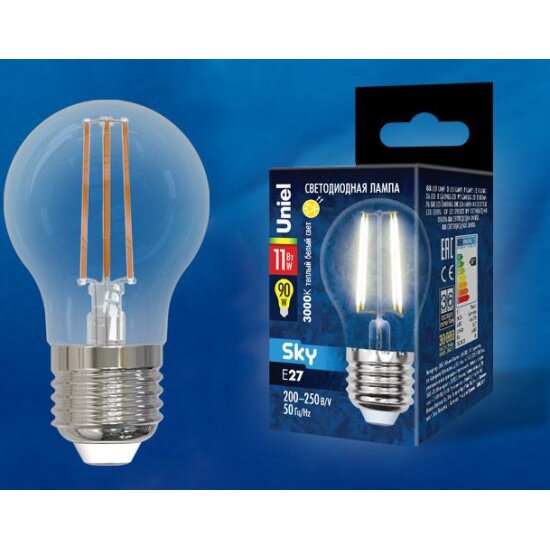 Светодиодная лампа UNIEL LED-G45-11W/3000K/E27/CL PLS02WH Форма "шар", прозрачная. Серия Sky. Теплый белый свет (3000К). Картон. ТМ .