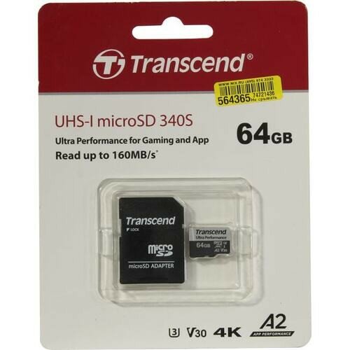 Transcend Флеш карта microSD 64GB Ultra Perfomrance microSDXC Class 10 UHS-I U3, V30, A2, SD адаптер , TLC