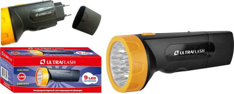 Фонарь LED 3829 (аккум. 220В черн./желт. 9 LED SLA пласт. коробка) Ultraflash 11240 ( 1шт. )