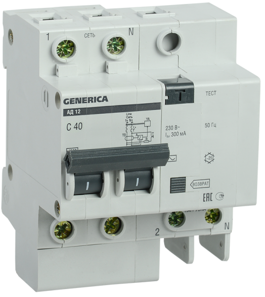 Выключатель автоматический дифференциальный АД12 GENERICA 2п 40А C 300мА тип AC (4 мод) | код. MAD15-2-040-C-300 | IEK ( 1шт. )