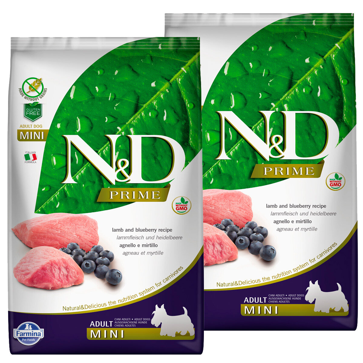 FARMINA DOG N&D PRIME ADULT MINI LAMB & BLUEBERRY беззерновой для взрослых собак маленьких пород с ягненком и черникой (2,5 + 2,5 кг)