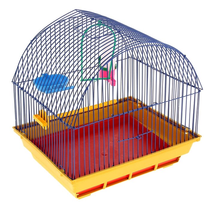 Клетка для птиц малая, полукруглая крыша (поилка, кормушка, жердочка, качель)35х28х37см микс - фотография № 1