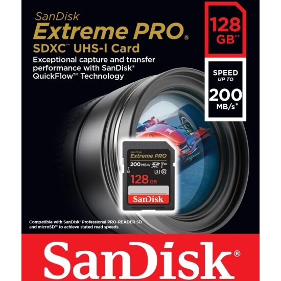 Карта памяти SANDISK 128Gb Extreme Pro SDXC UHS-I U3 V30 (200/90 MB/s)