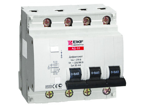 Дифференциальный автоматический выключатель АД32 3 полюс+N, 32А, Тип AC, х-ка C, 30мА | код. DA32-32-30-4P-pro | EKF ( 1шт. )