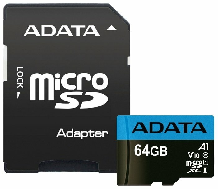 ADATA Карта памяти 64ГБ ADATA AUSDX64GUICL10A1-RA1 microSD XC UHS-I Class10 + адаптер
