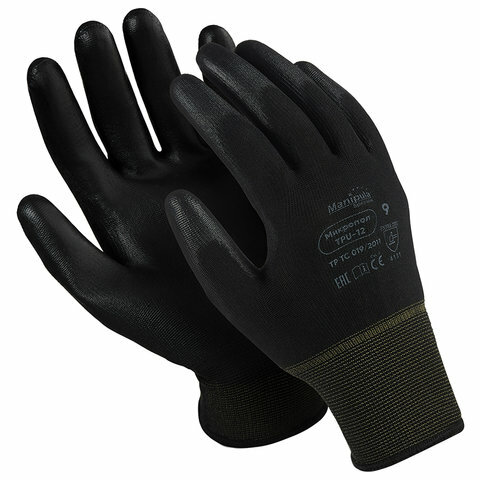 Перчатки нейлоновые MANIPULA "Микропол", полиуретановое покрытие (облив), размер 7 (S), черные, TPU-12 - фотография № 1