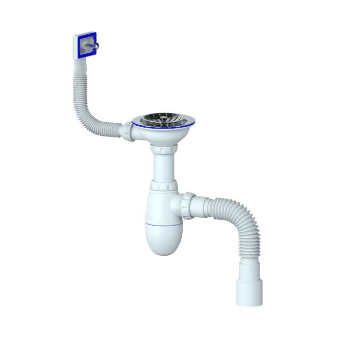 фото Сифон для кухонной мойки бутылочный с гибким переливом 3 1/2"x40 с гофрой 40х40/50 выпуск с нержавеющей решёткой D=115мм Unicorn В425P