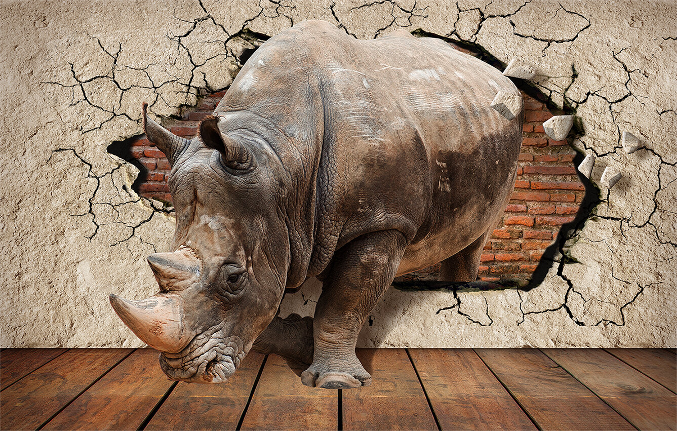 Фотообои Уютная стена "3D носорог" 420х270 см Бесшовные Премиум (единым полотном) - фотография № 1