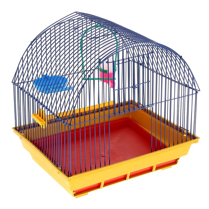 Клетка для птиц малая, полукруглая крыша (поилка, кормушка, жердочка, качель)35х28х37см микс - фотография № 6
