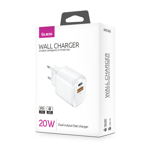 СЗУ Olmio USB, Type-C 20W, 3A, QuickCharge 3.0 белое