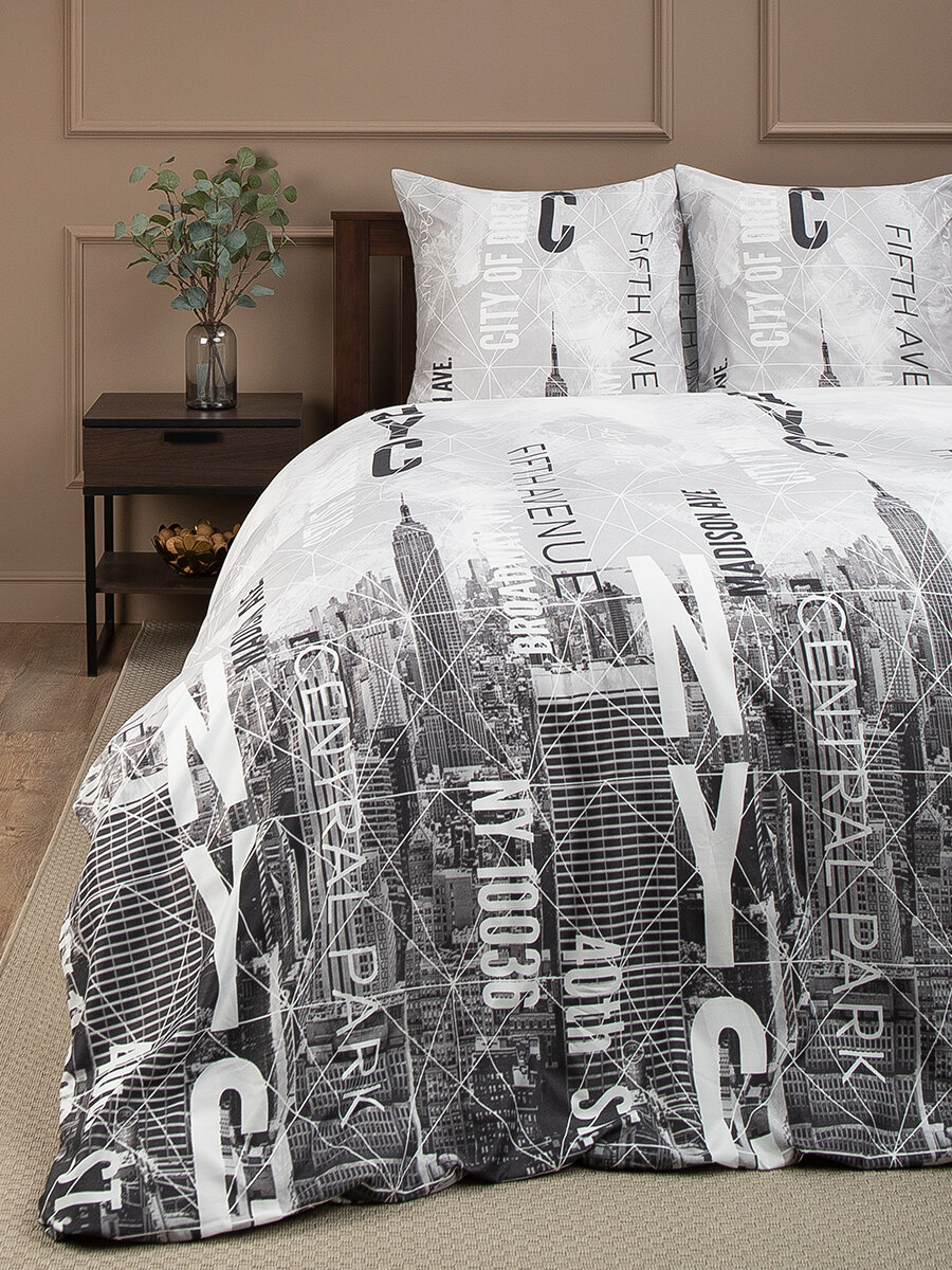 фото Комплект постельного белья Amore Mio, серия Мако-сатин, размер 2-спальный, микрофибра / полисатин, 2 наволочки 70х70, белый с черным принтом Города и надписи, в спальню