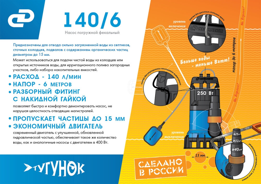 Насос садовый фекальный Джилекс 1406 250Вт 8400лчас в компл.Переходник "Елочка" на три размера шланг - фотография № 7