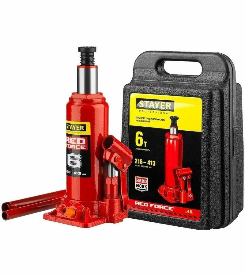 Домкрат бутылочный гидравлический STAYER RED FORCE, 6т, 216-413 мм в кейсе (43160-6-K)