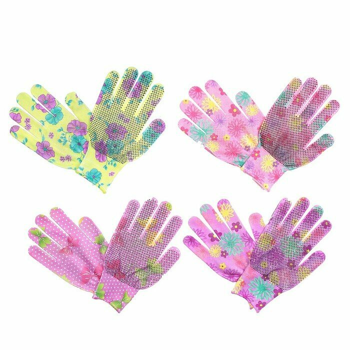 Перчатки нейлоновые, с ПВХ точками, размер 8, микс, "Цветы" - фотография № 4
