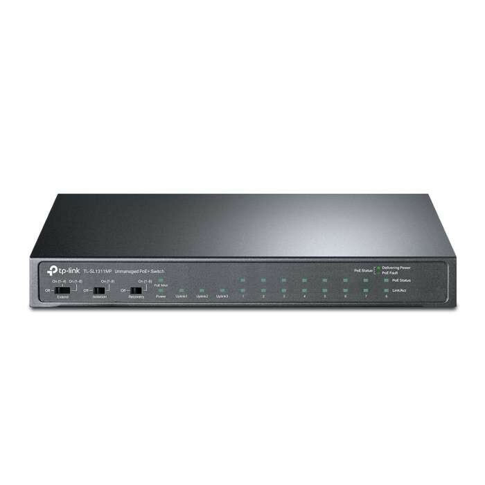 Коммутатор TP-Link TL-SL1311MP 8-портовый 10/100 Мбит/с неуправляемый с 2 гигабитными портами RJ45 и 1 гигабитным uplink-портом SFP, 8 PoE-портов 802.3af/at, бюджет PoE до 124 Вт, режим расширения до 250 м, режим изоляции и PoE Auto Recovery