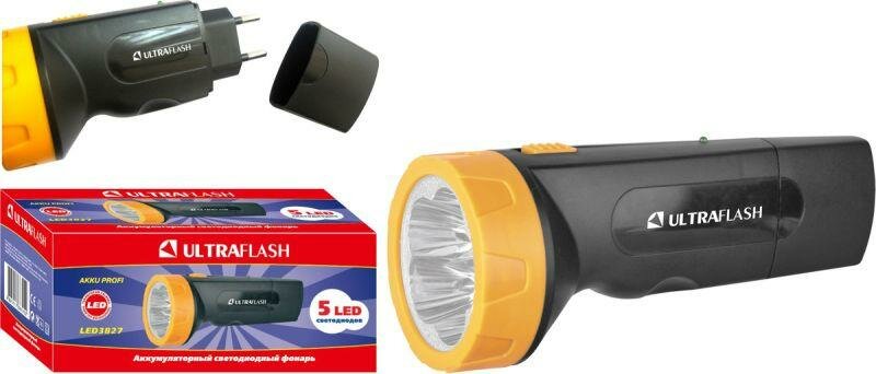 Фонарь LED 3827 (аккум. 220В черн./желт. 5 LED SLA пласт. коробка) Ultraflash 11241 (4шт.в упак.)