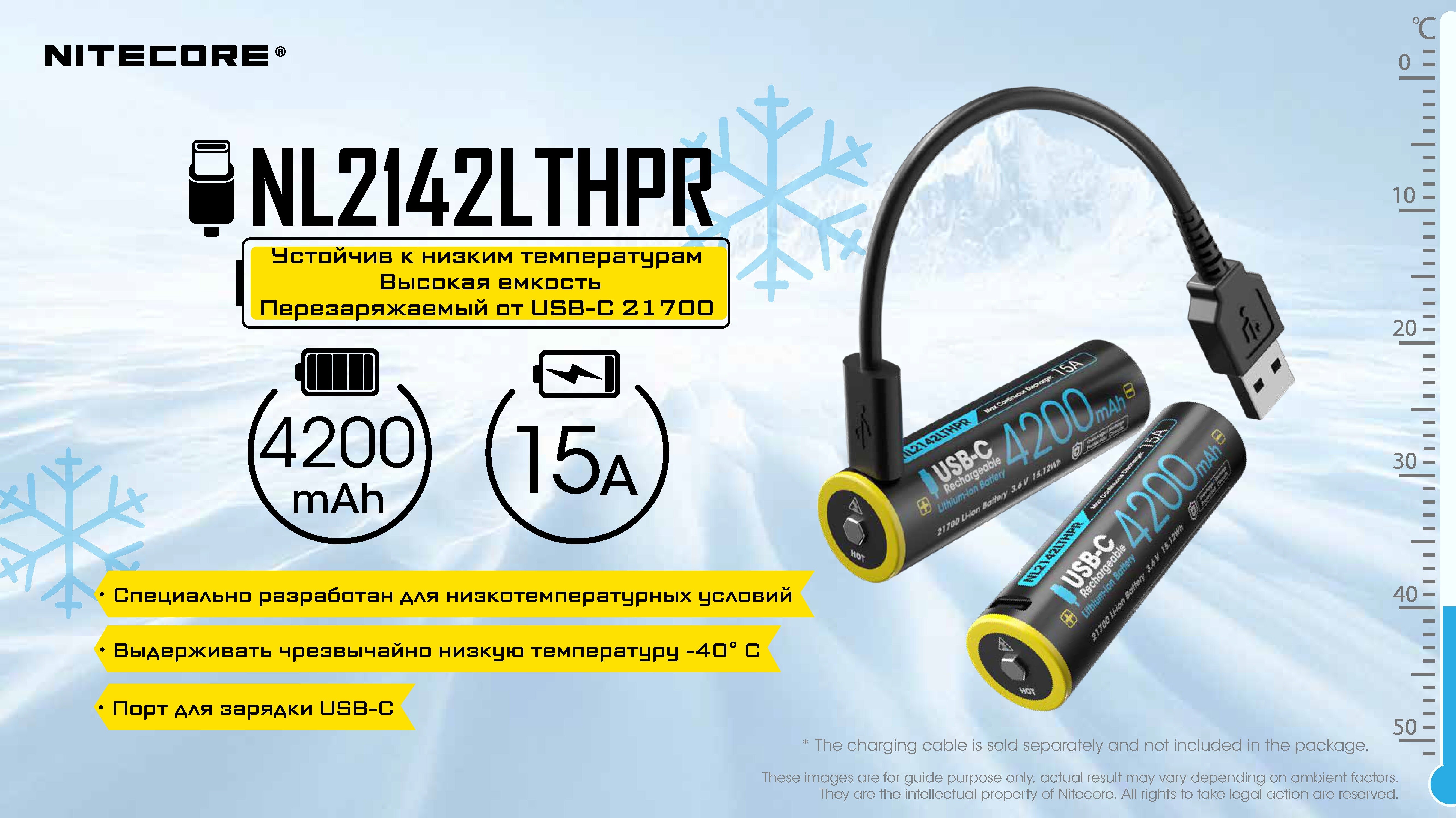 Nitecore Аккумулятор NITECORE NL2142LTHPR 21700 USB-C Li-Ion 15А 4200 mAh -40°C