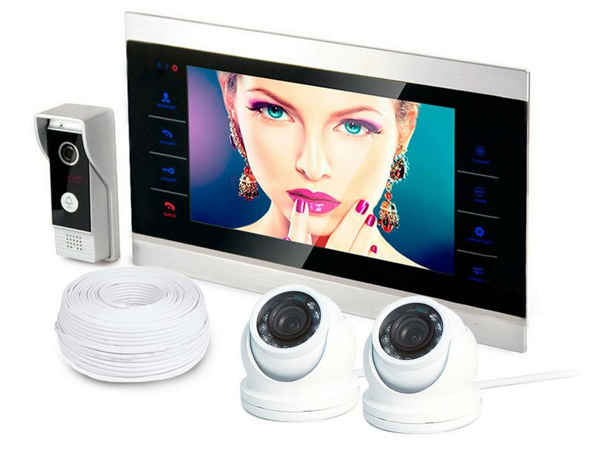 Набор (видеодомофон - две купольные камеры) - HDcom S-104 и KDM-6413G, домофон с камерой на квартиры, домофон с камерой в подарочной упаковке