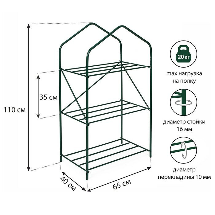 Парник-стеллаж, 3 полки, 110 × 65 × 40 см, металлический каркас d = 16 мм, чехол плёнка 100 мкм - фотография № 1