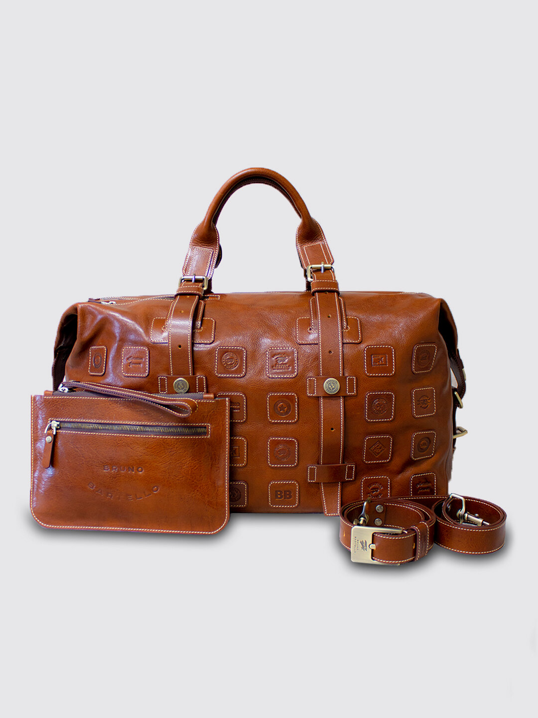 Дорожная спортивная сумка из натуральной кожи Bruno Bartello, D-0009, светло коричневая, клатч борсетка в комплекте - фотография № 1