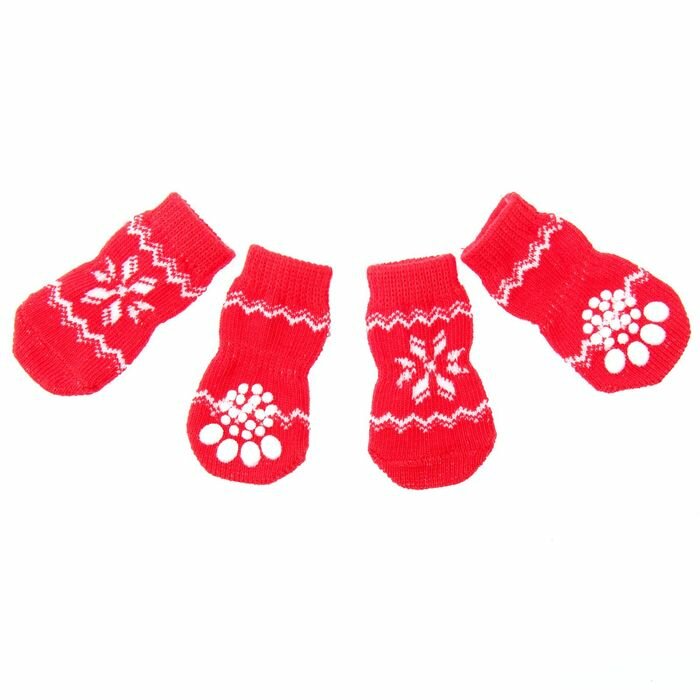 Пижон Носки нескользящие "Снежинка", размер М (3/4 * 7 см), набор 4 шт, красные - фотография № 1