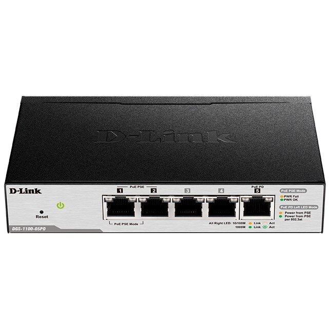 D-Link DGS-1100-05PDV2/A1A Настраиваемый L2 коммутатор с 5 портами 10/100/1000Base-T (2 порта PoE, 1 порт для питания коммутатора по PoE). Питание осуществляется только по PoE.