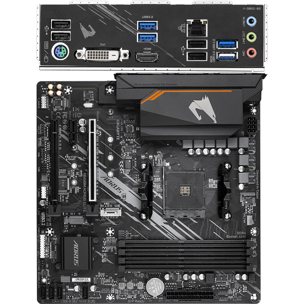 Материнская плата Gigabyte B550M AORUS Elite Socket-AM4 AMD B550 4xDDR4, 4xSATA3, RAID, 2xM.2, 2xPCI-E16x, 4xUSB3.2, DVI-D, HDMI, Glan, mATX Ret