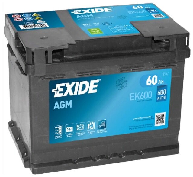 Аккумулятор автомобильный Exide Start-Stop AGM 60 А/ч 680 A обр. пол. EK600 Евро авто (242х175х190)