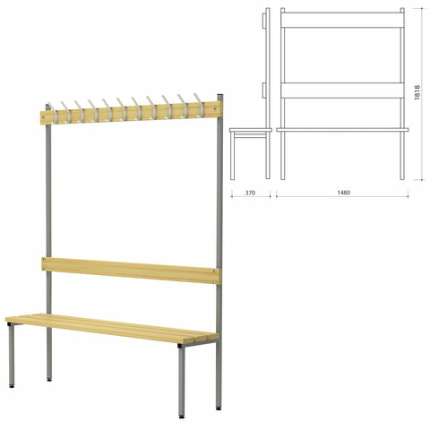 Вешалка со скамьей П-091Д/1.5, (1818х1480х370 мм), 11 крючков, металл серый и дерево