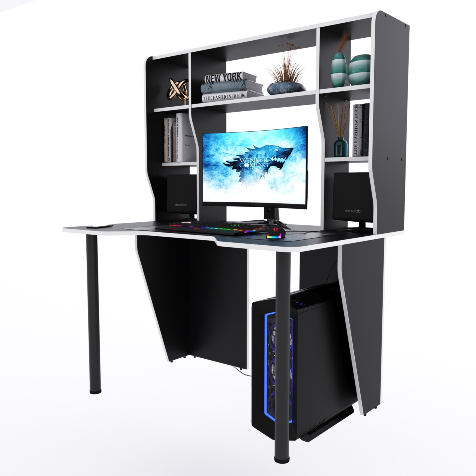 Компьютерный стол с надстройкой "Stalker", 140х90х152,6 см, чёрный с белой кромкой - фотография № 1