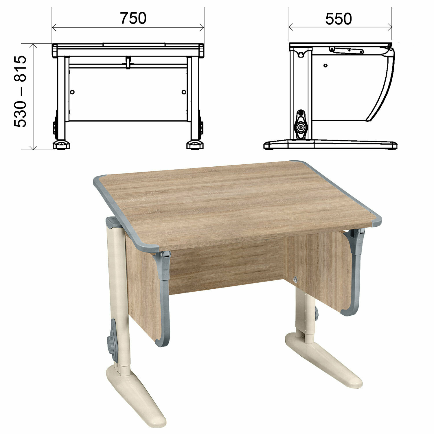 Стол-парта регулируемый "дэми" СУТ.41, 750х550х530-815 мм, бежевый каркас, пластик серый, дуб сонома (комплект) - фотография № 1