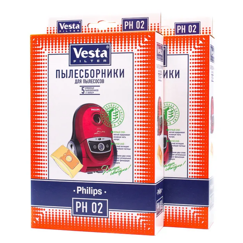 Пылесборники 2 упак (всего 10 шт и 2 фильтра) бумажные Vesta filter PH02