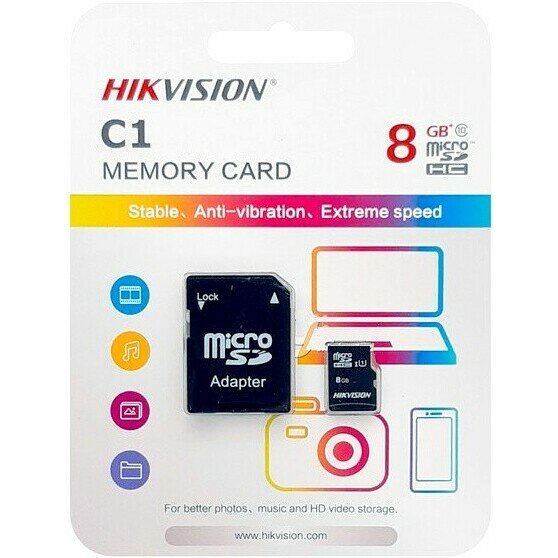 Карта памяти 8Gb MicroSD Hikvision C1 + SD адаптер (HS-TF-C1/8G) (HS-TF-C1(STD)/8G/ADAPTER)