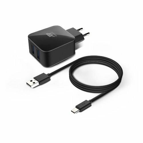 Сетевое зарядное устройство BORASCO 2xUSB, USB type-C, 2.1A, черный [20652]