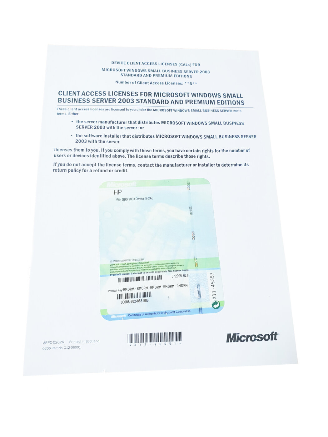 Лицензия HP MS Windows Small Business Server 5CAL клиентского доступа Standart and Premium Edition Dev 5-CAL Pack SW 356336-B21 372005-B21 X11-45357