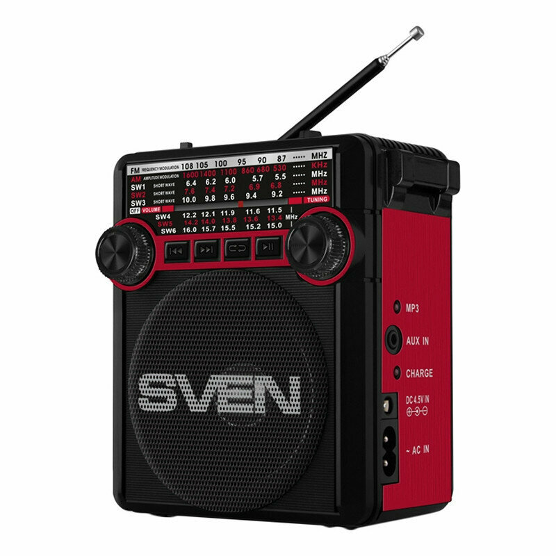 Радиоприёмник SVEN SRP-355, 3 Вт, FM/AM/SW, USB, microSD и SD, пластик, черный